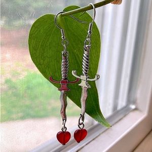🛑 SOLD 🛑  ♥️ Wavy Dagger Earrings with Heart-Shaped Blood Drop Charms ♥️